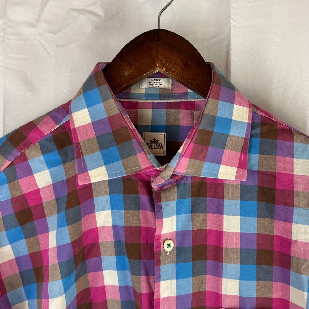 Peter Millar Men Large Plaid Button Up Shirt 100%… - image 3